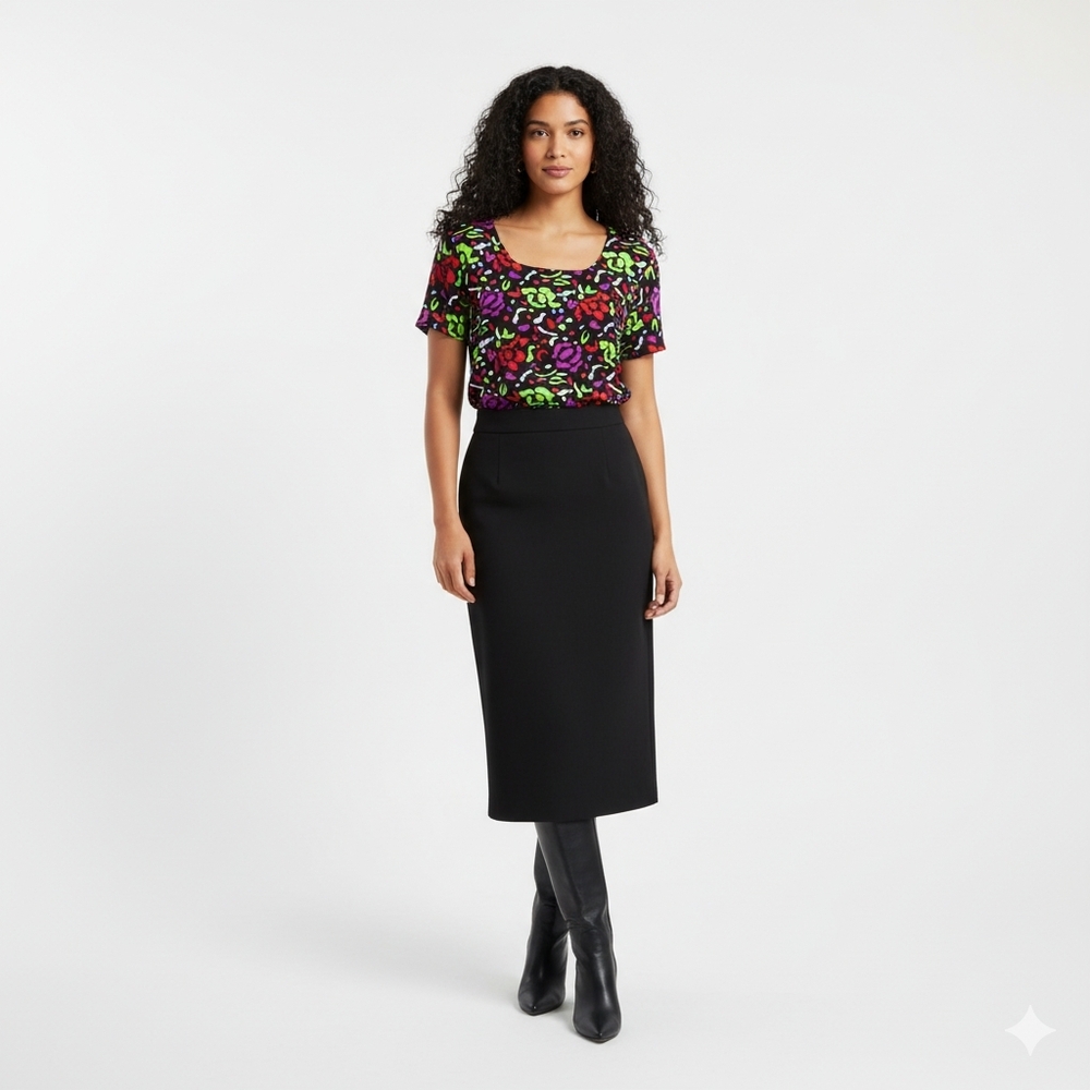 Kasper Black Multicolor Floral Abstract Print Short Sleeve Blouse Size 8